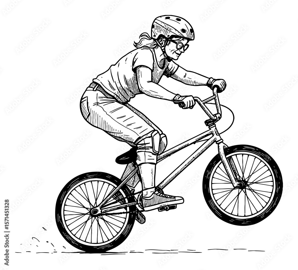 Obraz premium Senior Woman Grandma Performing BMX Bicycle Trick with Helmet and Pads Black and White Outline Line Art Drawing