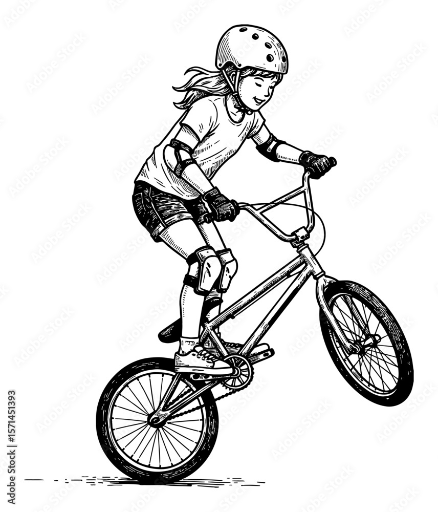 Naklejka premium Little Girl Doing Bicycle Trick on BMX Bike Wearing Helmet and Pads Black and White Outline Line Art Drawing
