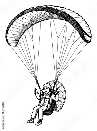 Happy Grandma Paragliding with Paramotor Black and White Outline Line Art Drawing of a Senior Woman Flying