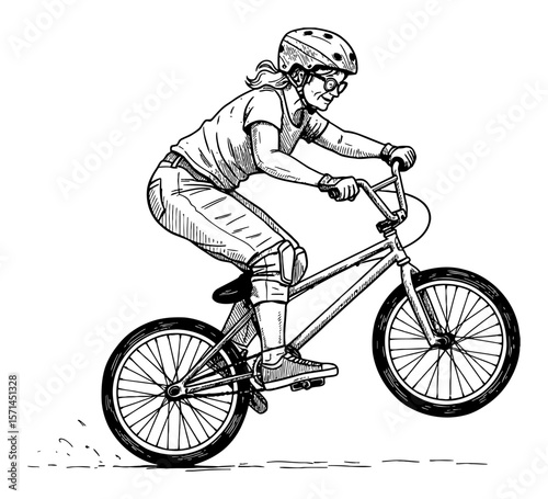 Senior Woman Grandma Performing BMX Bicycle Trick with Helmet and Pads Black and White Outline Line Art Drawing