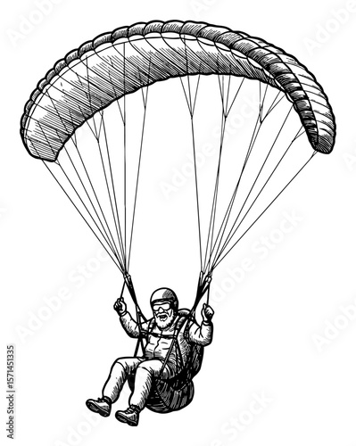 Grandpa Paragliding with Parachute Black and White Outline Line Art Drawing Old Man Flying Sky Sport Activity