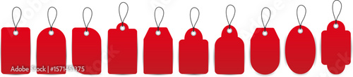 Set of isolated vector realistic red blank tags or retail labels with string. Sale price tags.