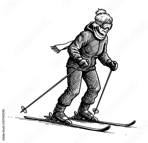 Elderly Woman Grandmother Skiing in Winter Sport Gear Black and White Outline Line Art Drawing