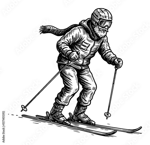 A Bearded Grandpa Skiing Downhill in Winter Sport Gear Black and White Outline Line Art Drawing for Winter Adventure