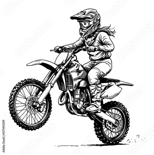 Little Girl Doing Motocross Trick Riding Dirt Bike While Popping Wheelie Black and White Outline Line Art Drawing