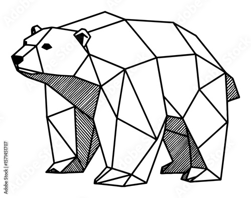 Simple Geometric Origami Paper Polar Bear Animal Modern Abstract Black and White Outline Line Art Drawing