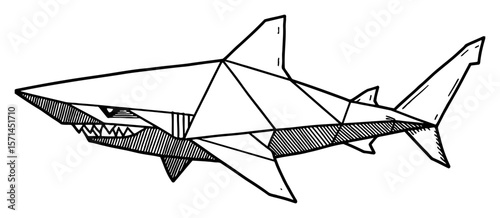 Simple Geometric Paper Origami Shark Black and White Outline Line Art Drawing Illustration Animal Side View