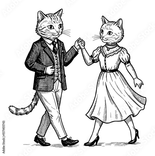 Cute Male Cat in Vintage Suit and Female Cat in Vintage Dress Dancing Black and White Outline Line Art Drawing