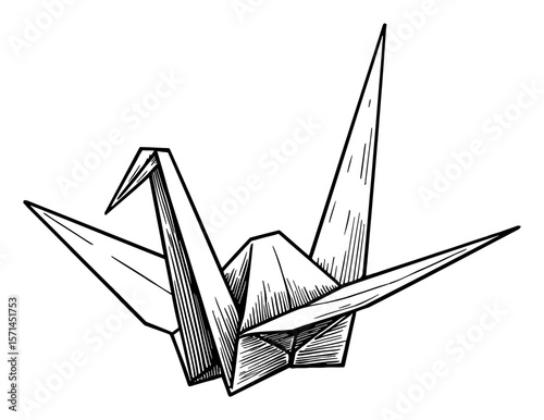 Single Symbolic Traditional Japanese Crane Paper Origami Bird Black and White Outline Line Art Drawing Artwork