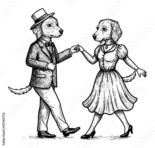 Cute Dog Male in Vintage Suit and Female in Modest Dress Dancing Black and White Outline Line Art Drawing