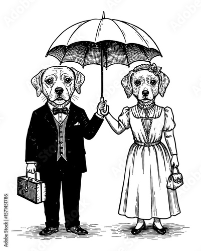 Black and White Outline Line Art Drawing Cute Male Dog in Vintage Suit Female Dog Dress Under Umbrella