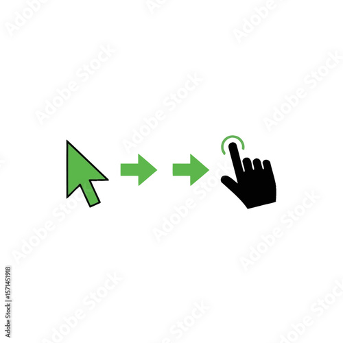 A green cursor leading to a hand clicking isolated on white background