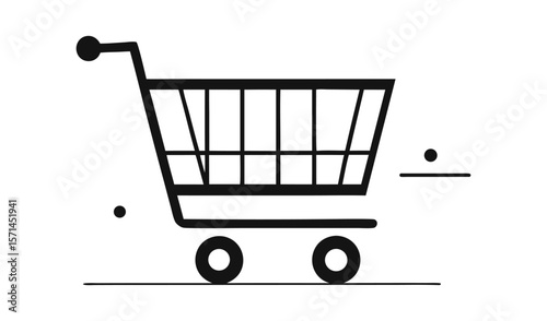 Simple black and white icon of a shopping cart moving quickly with motion lines