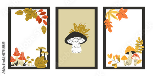 Set of Posters with Autumn Mushrooms and Leaves in Flat Style