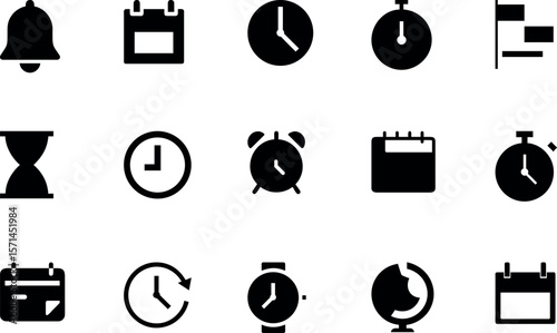 Time & Schedule Silhouette Icon Bundle – Wall Clock, Calendar, Stopwatch, Alarm Clock, Timer, Rotating Clock, Monthly Planner, Hourglass, Bell Reminder, Time Zone Globe, Spiral Notebook, Countdown, Ev