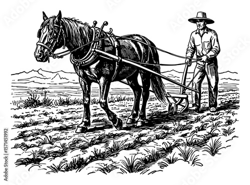 Farmer Plowing Field with Horse in a Traditional Rural Scene Black and White Outline Line Art Drawing