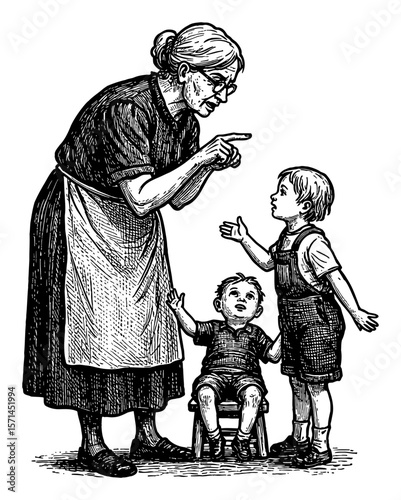 Grandma Scolding Her Two Grandchildren a Boy Standing and Another Sitting Vintage Black and White Outline Line Art Drawing
