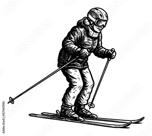 Grandma Skiing Downhill with Poles and Helmet Goggles in Black and White Outline Line Art Drawing