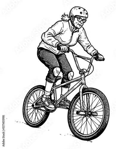 Grandma Doing Trick with BMX Bicycle in Action Fun Black and White Outline Line Art Drawing