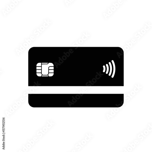 A black credit card with contactless payment symbol isolated on white background