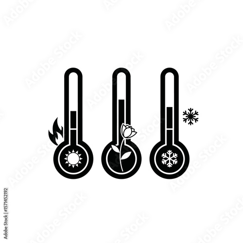 Three thermometers indicate hot, moderate, and cold temperatures isolated on white