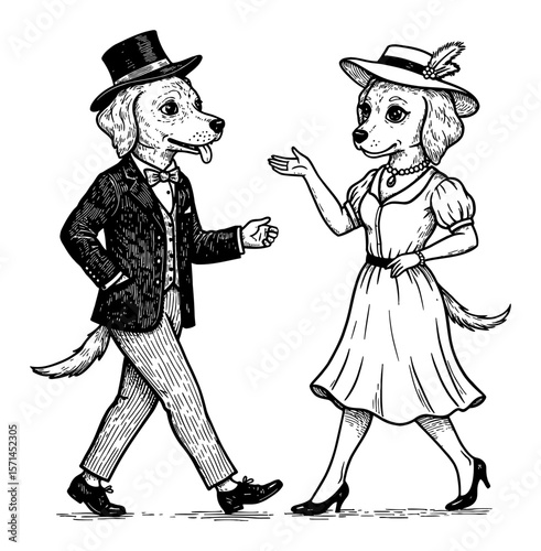 Cute Dog Male in Vintage Suit and Dog Female in Modest Dress Dancing Cartoon Black and White Outline Line Art Drawing
