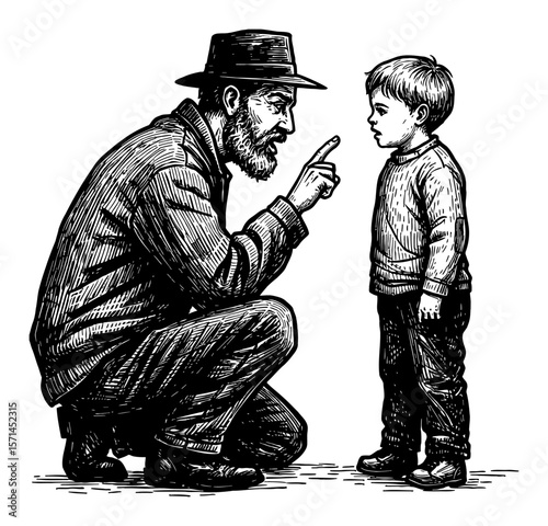 Bearded Dad Scolding His Child Pointing Finger Discipline Lesson Black and White Outline Line Art Drawing