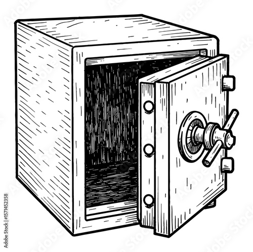 Empty Opened Safe Box Isolated Black and White Outline Line Art Drawing with Combination Lock and Handle Vintage Style Illustration