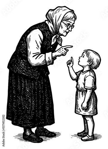 Old Woman Grandma Scolding Her Grandchild with Pointing Finger Black and White Outline Line Art Drawing