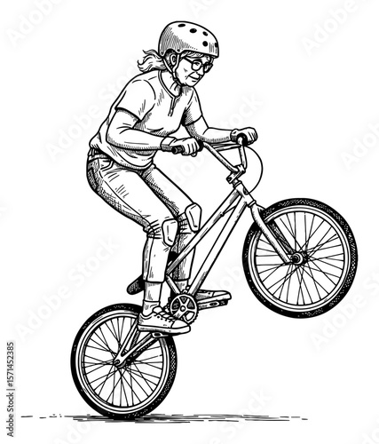 Grandma Doing BMX Bicycle Trick Wheelie Aged Woman Riding Bike Black and White Outline Line Art Drawing
