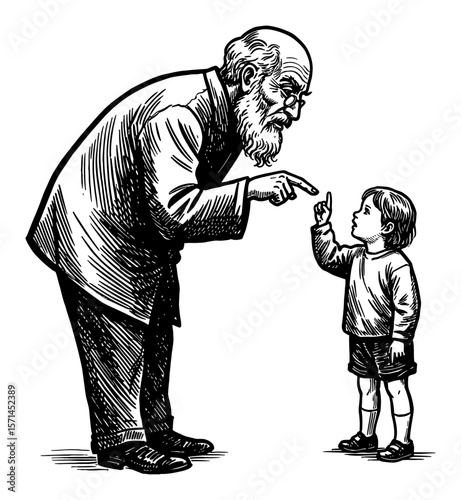 Elderly Grandpa Scolding Little Grandchild with Finger Pointing Black and White Outline Line Art Drawing
