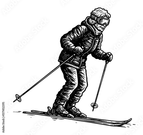 Active Grandma Skiing Downhill in Winter Sport Black and White Outline Line Art Drawing