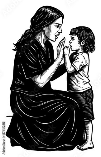 Mother Scolding Her Child with Stern Expression in a Detailed Black and White Outline Line Art Drawing