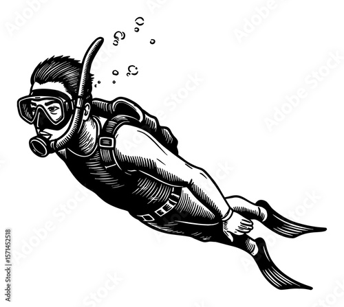 Man Freediving Underwater Close Up Shot with Mask and Snorkel in Black and White Outline Line Art Drawing