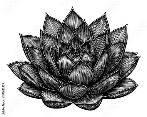 Sempervivum Tectorum Common Houseleek Botanical Engraved Illustration Black and White Outline Line Art Drawing