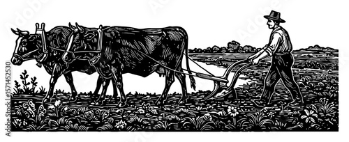 Old Style Farmer Plowing Land with Two Farm Cows in Vintage Black and White Outline Line Art Drawing