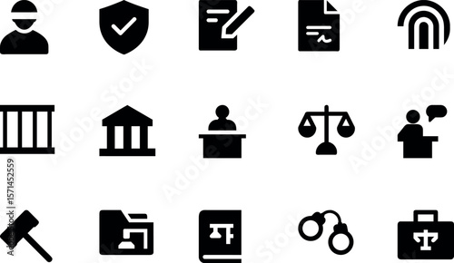 Legal & Justice Silhouette Icon Bundle – Balanced Scales, Judge Gavel, Law Book, Courthouse, Handcuffs, Podium Speaker, Legal Briefcase, Shield with Checkmark, Signed Document, Fingerprint, Testimony,