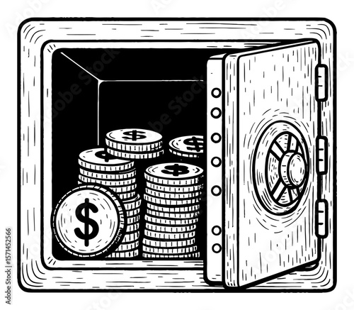 Opened Safe Box with Stack of Dollar Symbol Coins Black and White Outline Line Art Drawing Illustration