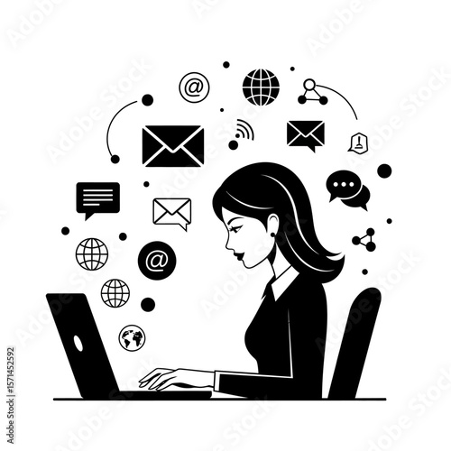 A woman uses a laptop surrounded by communication icons
