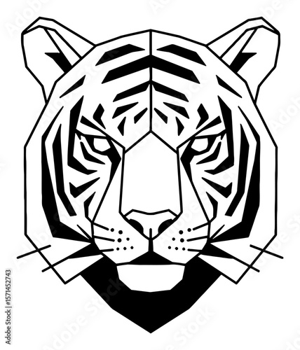 Simple Geometric Paper Origami Tiger Head Frontal View Black and White Outline Line Art Drawing