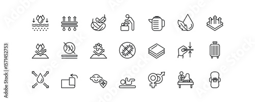 A collection of editable stroke icons illustrating features of absorbent pads: waterproof, breathable, antibacterial, safe for babies, pets, and daily hygiene.