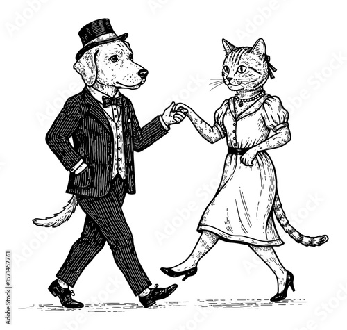 Cute Dog Male in Vintage Suit and Cat Female in Vintage Dress Dancing Black and White Outline Line Art Drawing