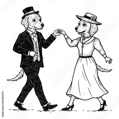Cute Dog Male in Vintage Suit and Dog Female in Modest Dress Dancing Cartoon Style Black and White Outline Line Art Drawing