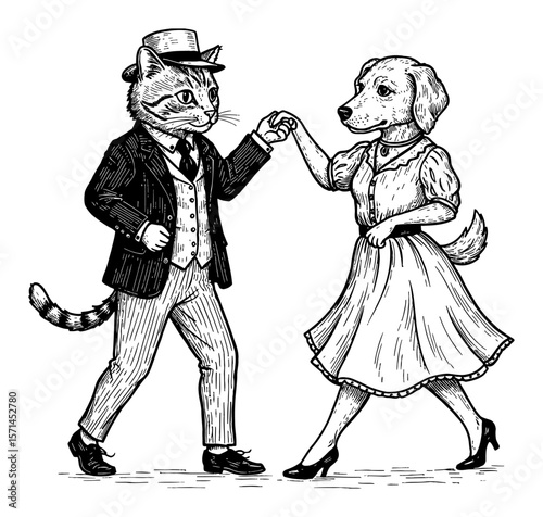 Cute Male Cat in Vintage Suit and Female Dog in Modest Dress Dancing Black and White Outline Line Art Drawing