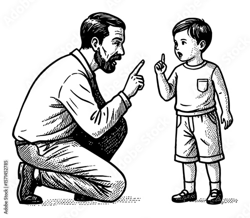 Father Scolding His Child with Finger Pointing and Serious Talk Black and White Outline Line Art Drawing