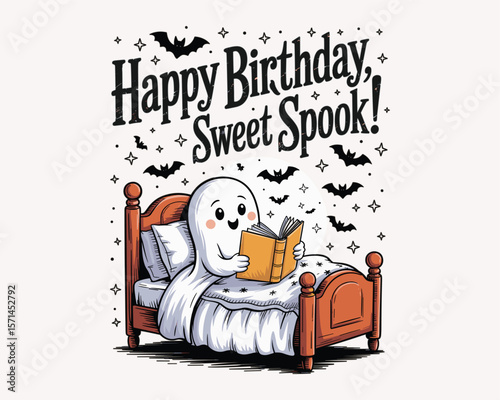 Adorable Halloween Ghost Reading a Book in Bed with 'Happy Birthday, Sweet Spook!' Message Surrounded by Bats and Stars for Fun, Personalized Birthday Cards, Gifts, and Halloween Party Decor