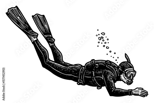 Grandpa Freediving Scuba Diver with Fins Mask Underwater Exhaling Bubbles Black and White Outline Line Art Drawing
