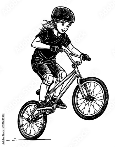 Little Girl Doing Trick with BMX Bicycle Wearing Black TShirt Helmet Black and White Outline Line Art Drawing
