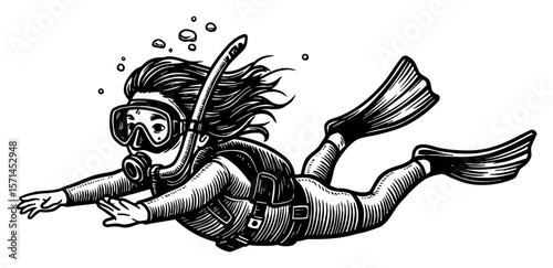 Little Girl Freediving Underwater with Mask and Fins Black and White Outline Line Art Drawing