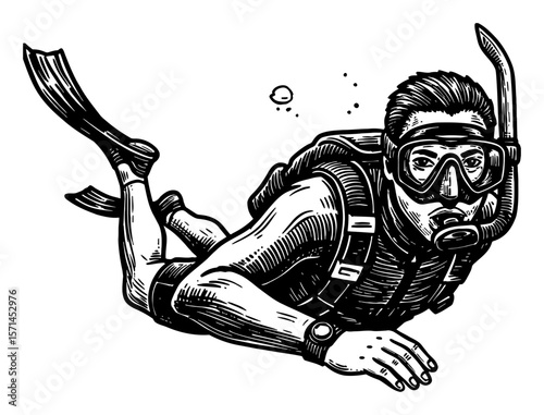 Man Freediving Close Up Front Shot Wearing Mask and Fins in Vintage Black and White Outline Line Art Drawing